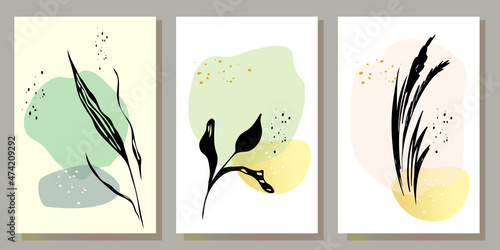 Set Abstract collage wall art poster  colors. Modern Art. Branch of a plant with red leaves abstract elements, paper cut forms. Illustration for printing postcards, covers, social networks.