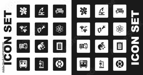 Set Electronic scales, Syringe, Cloning, Cell, Atom, Microscope, Clinical record and Spectrometer icon. Vector
