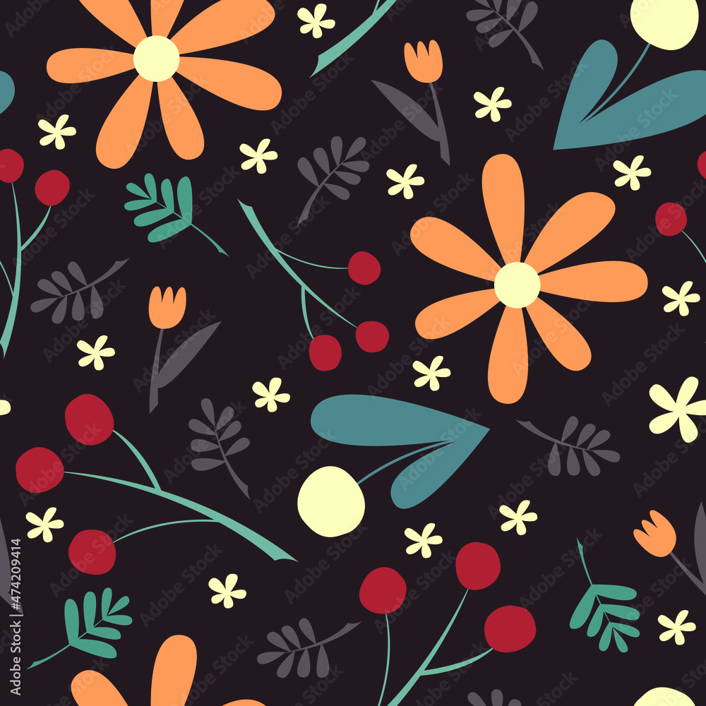 seamless pattern with flowers berries and leaves on dark background 
