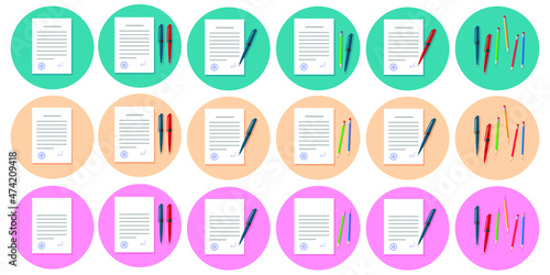 Writing text letter content on paper document sheets via pen and pencil  flat cartoon illustration, idea of book or essay creation, note message pages image
