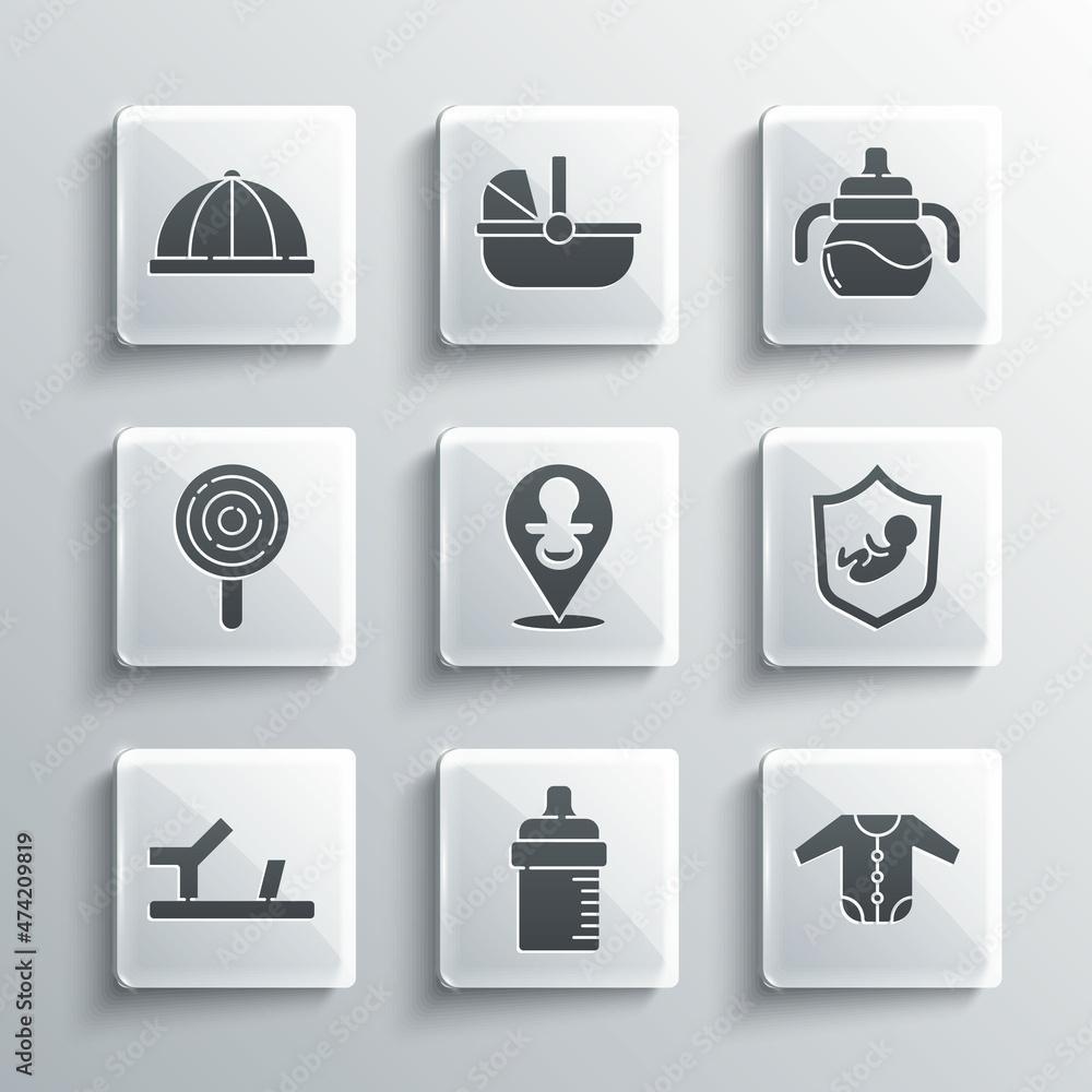 Set Baby bottle, clothes, on shield, dummy pacifier, shoes, Lollipop, hat and icon. Vector Set Baby bottle, clothes, on shield, dummy pacifier, shoes, Lollipop, hat and icon. Vector