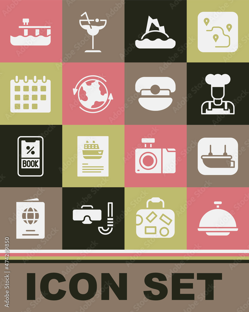 Set Covered with tray, Lifeboat, Cook, Tropical island in ocean, Worldwide, Calendar, Beach pier dock and Captain hat icon. Vector Set Covered with tray, Lifeboat, Cook, Tropical island in ocean, Worldwide, Calendar, Beach pier dock and Captain hat icon. Vector
