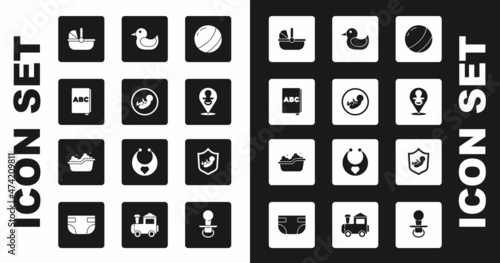 Set Beach ball, Baby, ABC book, stroller, dummy pacifier, Rubber duck, on shield and bathtub icon. Vector