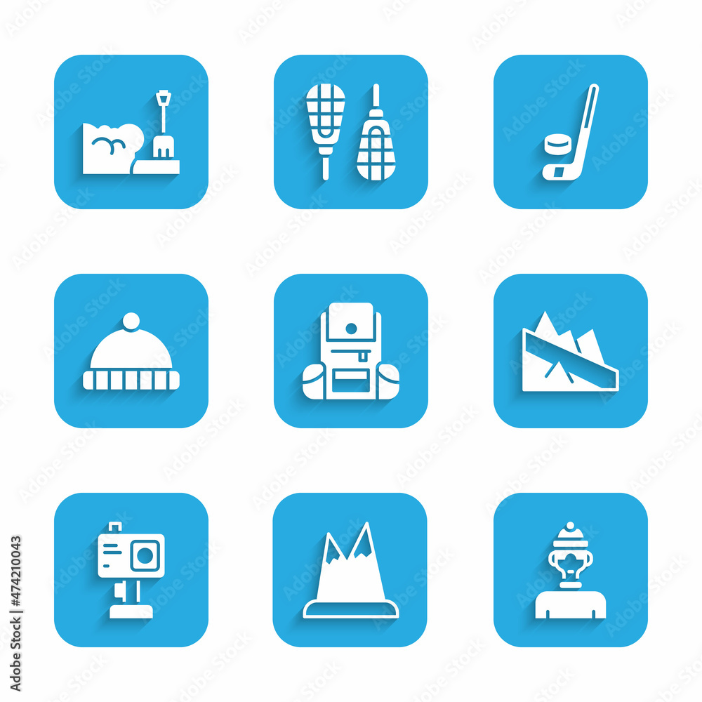 Set Hiking backpack, Mountains, Winter athlete, descent, Action camera, hat, Ice hockey stick and puck and Shovel snowdrift icon. Vector Set Hiking backpack, Mountains, Winter athlete, descent, Action camera, hat, Ice hockey stick and puck and Shovel snowdrift icon. Vector