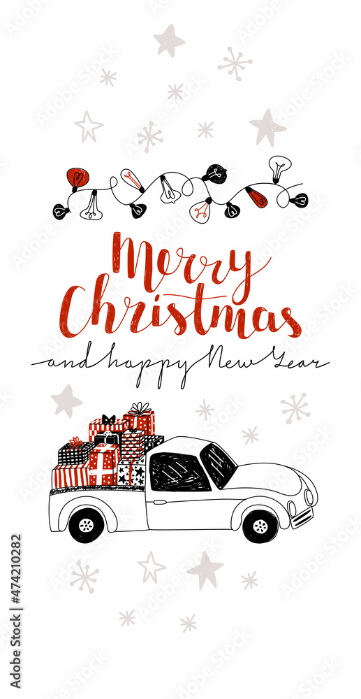 Fototapeta premium Vector drawn template, Christmas, New Year greeting card layout. Painted lettering Merry Christmas and happy New Year, garland, truck with gifts, background with stars and snowflakes.