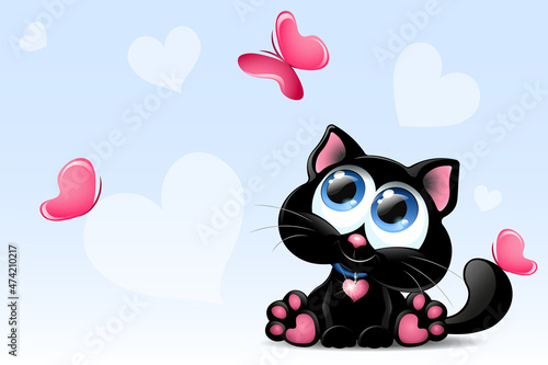 Sweet black cat with butterflies and hearts for Valentine's day