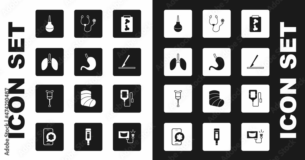 Set X-ray shots, Human stomach, Lungs, Enema, Medical surgery scalpel, Stethoscope, IV bag and Crutch or crutches icon. Vector Set X-ray shots, Human stomach, Lungs, Enema, Medical surgery scalpel, Stethoscope, IV bag and Crutch or crutches icon. Vector