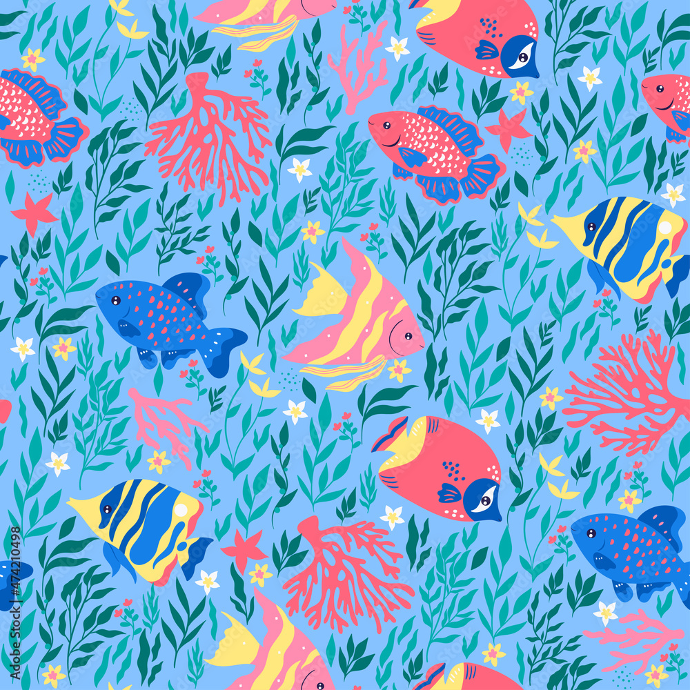 Fototapeta premium Seamless pattern with fish and sea plants. Vector graphics.