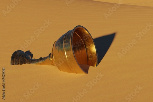 Plakat Old copper chalice in the desert sand. 3D Render
