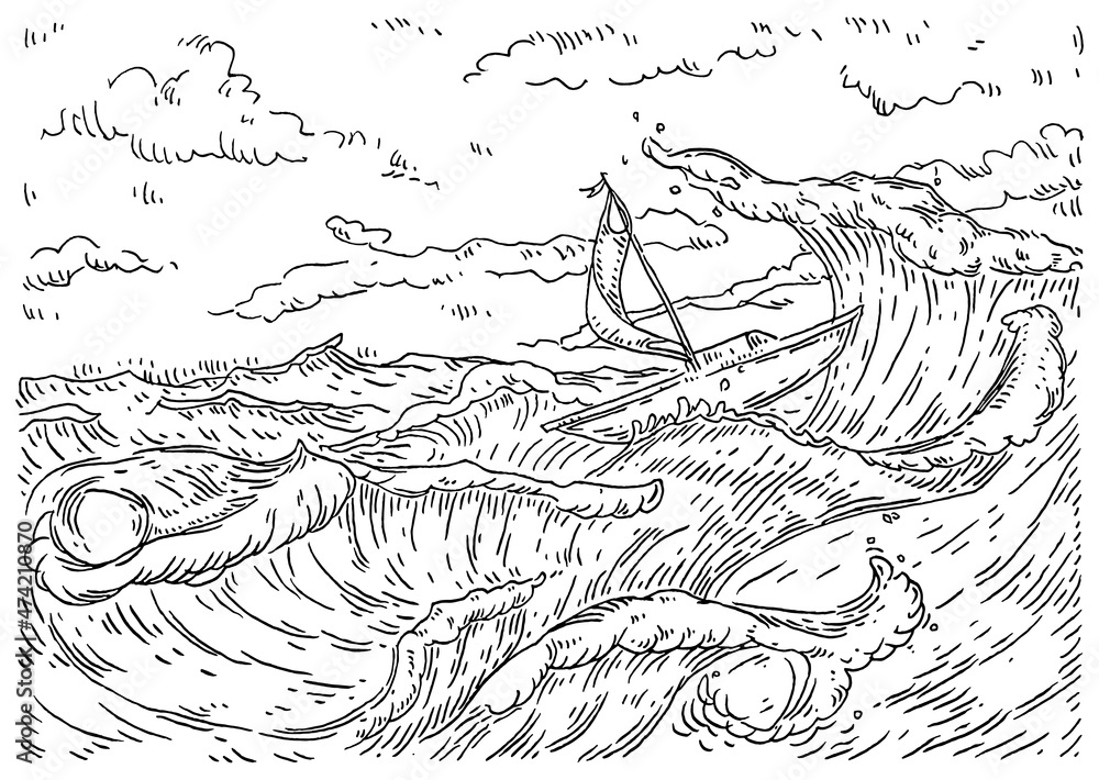 Junk floating on the sea waves. Vintage engrave vector monochrome black illustration