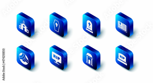 Set Coffin with cross, Grave tombstone, Holy bible book, Tombstone RIP written, Old crypt, Speech bubble rip death, Memorial wreath and Church building icon. Vector