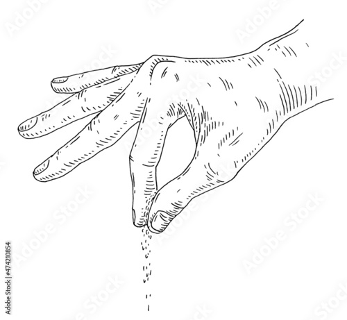 Hand sprinkling salt or pepper. Side view. Vintage hatching vector
