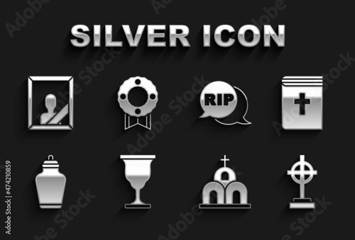Set Christian chalice, Holy bible book, Grave with cross, Church building, Funeral urn, Speech bubble rip death, Mourning photo frame and Memorial wreath icon. Vector