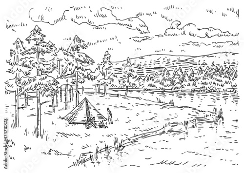 Camping in forest. Vintage engrave vector monochrome black illustration.