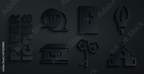 Set Flower, Lily flower, Coffin with cross, Church building, Holy bible book and Speech bubble rip death icon. Vector
