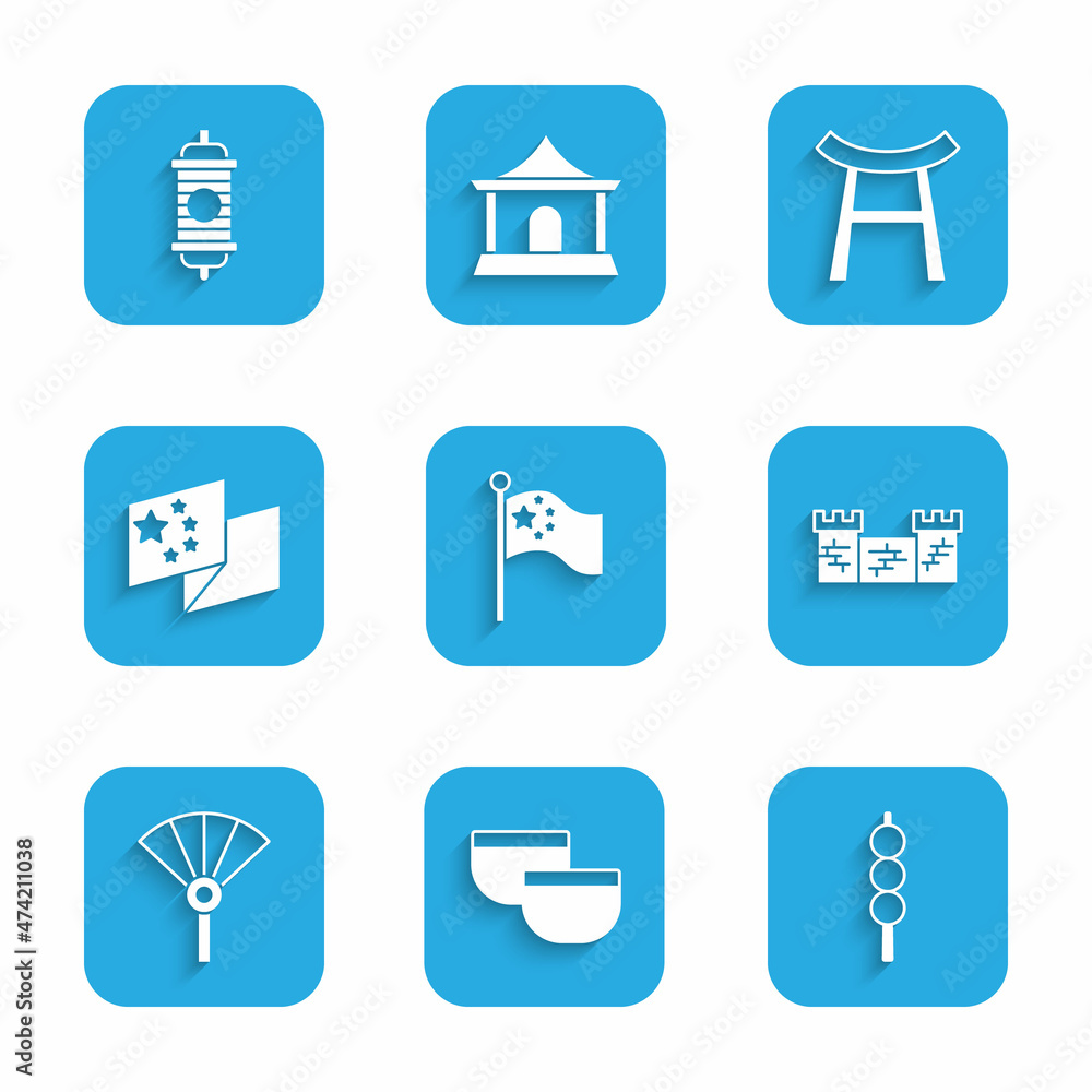 Set China flag on flagpole, Chinese tea ceremony, Meatballs wooden stick, Great wall of, or japanese folding fan, Japan Gate and paper lantern icon. Vector Set China flag on flagpole, Chinese tea ceremony, Meatballs wooden stick, Great wall of, or japanese folding fan, Japan Gate and paper lantern icon. Vector