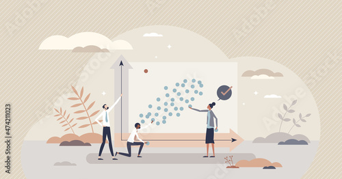 Outlier graphic result as different statistics data point tiny person concept. Unique value on axis graph with error or bug in calculation results vector illustration. Information plot bar measurement