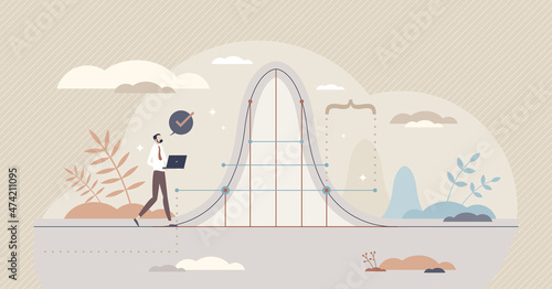 Statistics data measurement with results curved line tiny person concept. Scientific or mathematical information outcome collecting, interpreting and presenting from empirical data vector illustration