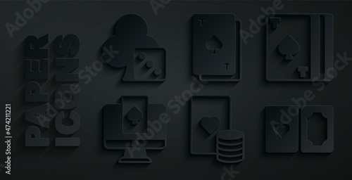 Set Casino chip and playing cards, Deck of, Online poker table game, Playing with spades and Game dice icon. Vector