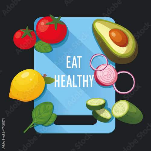 Healthy eating agitation illustration with fresh organic vegetables and fruits