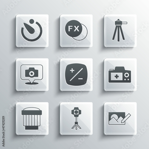 Set Softbox light, Photo retouching, camera, Exposure compensation, Camera photo lens, timer and Tripod icon. Vector