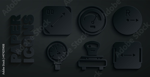 Set Scales, Radius, Pressure water meter, Area measurement, Speedometer and Diagonal measuring icon. Vector