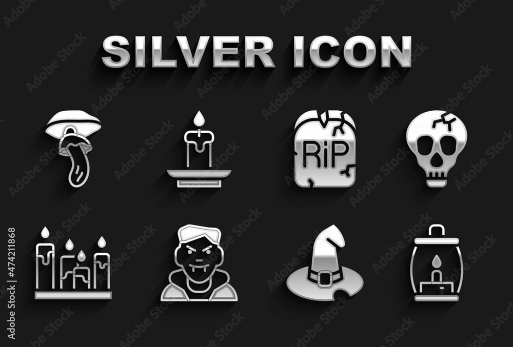 Set Vampire, Skull, Camping lantern, Witch hat, Burning candle, Tombstone with RIP written, Psilocybin mushroom and icon. Vector Set Vampire, Skull, Camping lantern, Witch hat, Burning candle, Tombstone with RIP written, Psilocybin mushroom and icon. Vector