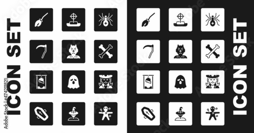 Set Spider, Krampus, heck, Scythe, Witches broom, Crossed bones, Tombstone with cross, and Guillotine icon. Vector