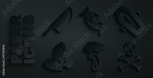 Set Psilocybin mushroom, Coffin with cross, Witch hat, Skull on crossbones, Candy and Knife icon. Vector