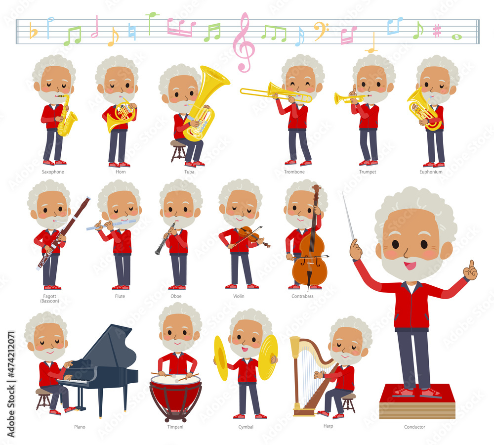 クラシック音楽演奏に関する赤ジャージ高齢男性のセット