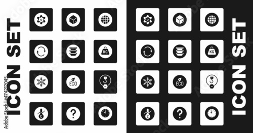 Set Social network, Bowl, Recycle symbol, Test tube and flask, Weight, Carton cardboard box, Industrial hook and Snowflake icon. Vector