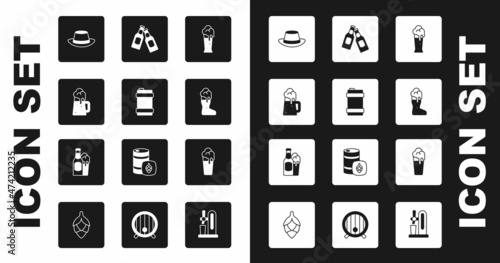 Set Glass of beer, Metal keg, Wooden mug, Oktoberfest hat, Boot glass, Beer bottle, and and icon. Vector
