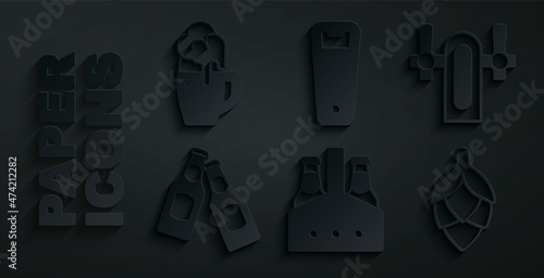 Set Pack of beer bottles, Beer tap, Hop, Bottle opener and Glass icon. Vector