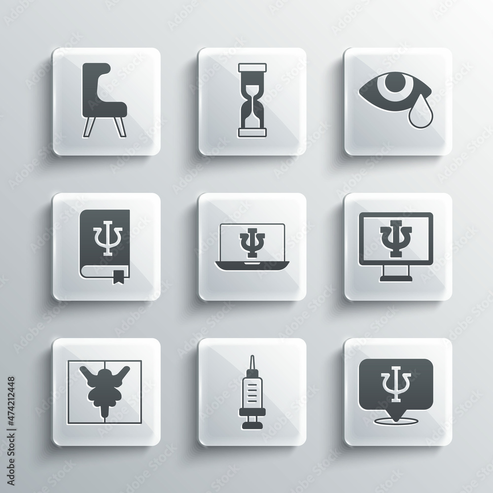 Set Addiction to the drug, Psychology, Psi, Psychologist online, Rorschach test, book,, Armchair and Tear cry eye icon. Vector Set Addiction to the drug, Psychology, Psi, Psychologist online, Rorschach test, book,, Armchair and Tear cry eye icon. Vector
