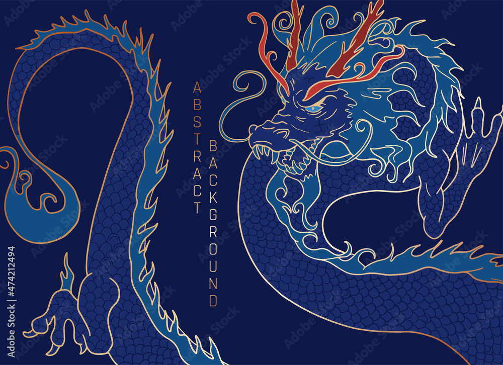 hand drawn graphic illustration with chinese dragon, blue and gold ...
