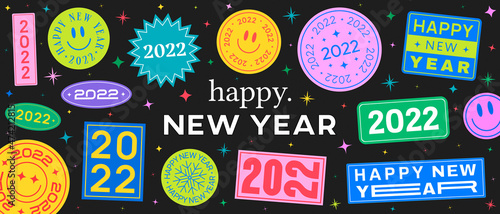 Cool Trendy Abstract Happy New Year Illustration. 2022 Year Stickers.