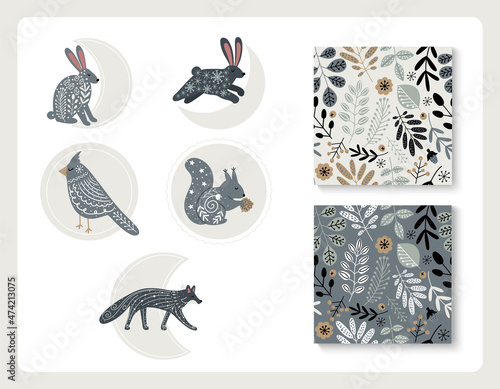 Set of hand drawn vector Scandinavian folk wild animals and patterns with Nordic motif