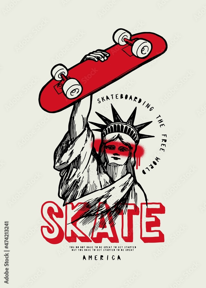 Statue of Liberty skater. New York statue of liberty in Manhattan holding skateboard above her head. Summer sports American t-shirt print vector illustration. Statue of Liberty skater. New York statue of liberty in Manhattan holding skateboard above her head. Summer sports American t-shirt print vector illustration.