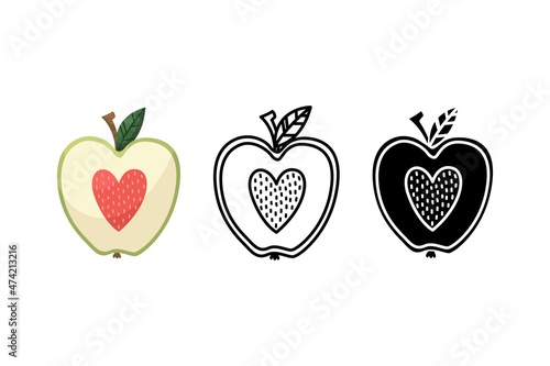 Vector illustration of an apple with a heart instead of a core for Valentine's Day. Outline, flat and simple style