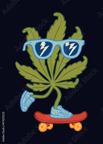 Weed skater. Marijuana leaf skateboarding funny character isolated. Summer sports vector illustration.