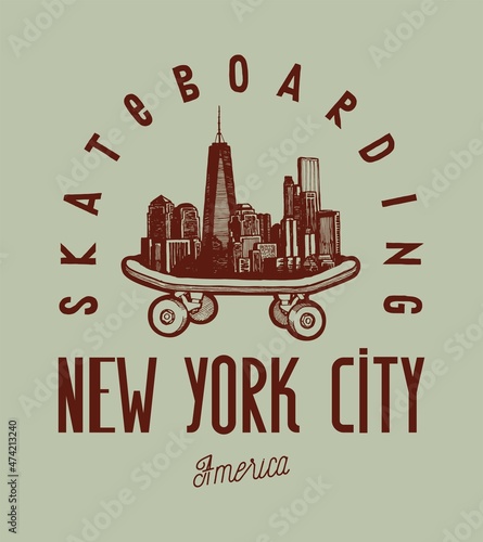 Skateboarding New York City. Big Apple Manhattan cityscape on skateboard. Vintage typography summer sports t-shirt print vector illustration.