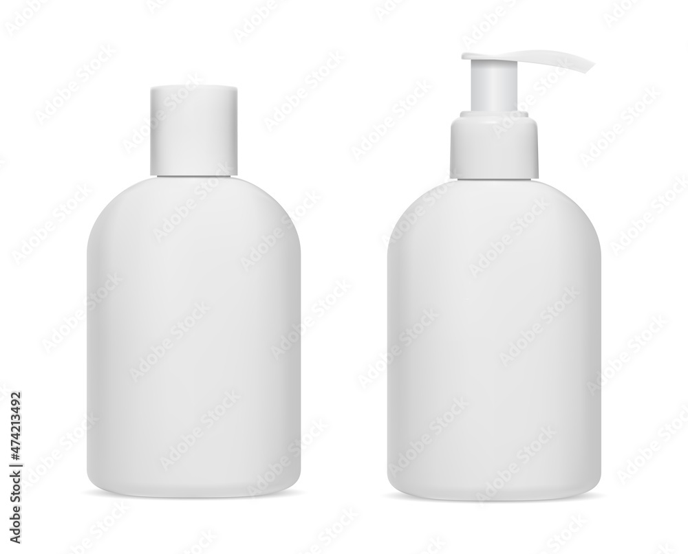 Vecteur Stock White shampoo bottle. Cosmetic product dispenser bottle.  Opaque plastic body cream container mockup. Liquid soap bottle designfor  brand, round package | Adobe Stock