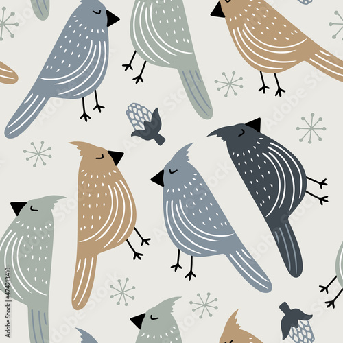 Hand drawn vector seamless pattern with different birds in Scandinavian style