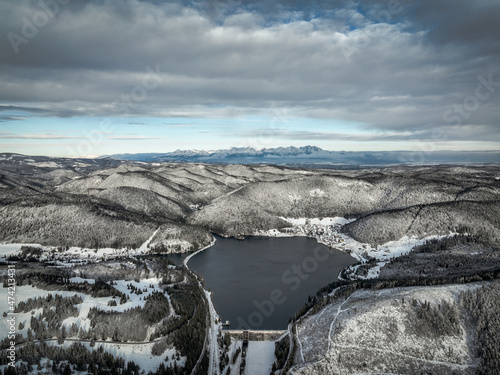 Aerial view of the Palcmanska Masa reservoir in the village of Dedinky in Slovakia photo