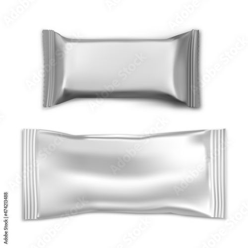 Chokolate bar package, snack pack mockup, foil pouch vector blank. Foil pillow bag for protein nutrition bar, biscuit product sachet, realistic illustration, top view