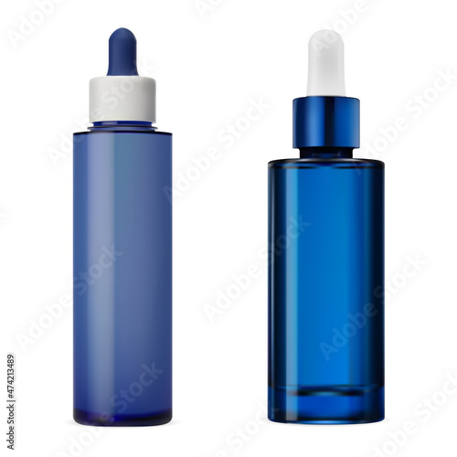 Blue glass serum dropper bottle, clear cosmetic container. Essential oil glass pipette container. Realistic collagen essence eyedropper vial, luxury treatment liquid