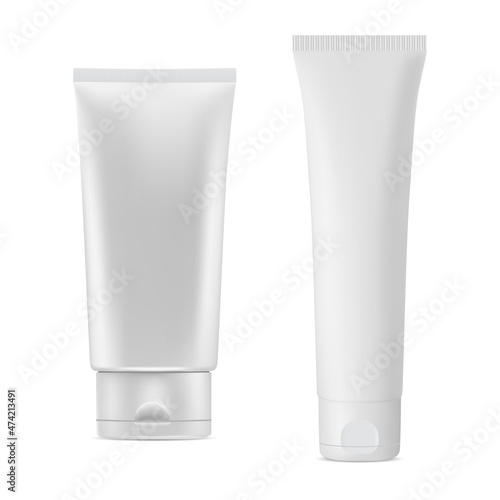 White plastic cosmetic cream tube, vector container blank. Lotion package mockup, cosmetic product bottle. Toothpaste packaging isolated on white background, realistic closeup