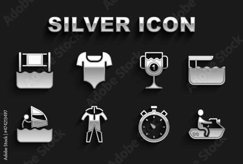 Set Wetsuit for scuba diving, Diving board springboard, Jet ski, Stopwatch, Windsurfing, Award cup, Water volleyball net and Swimsuit icon. Vector