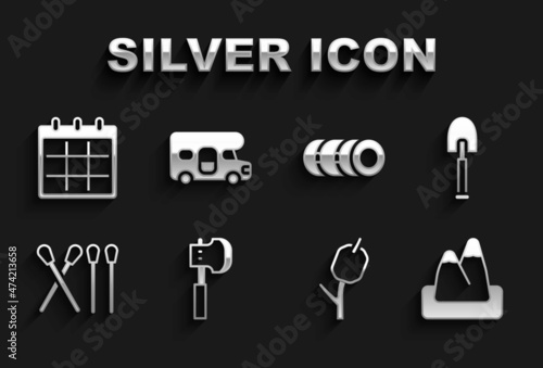 Set Wooden axe, Shovel, Mountains, Marshmallow on stick, Match, Blanket roll, Calendar and RV motorhome vehicle icon. Vector