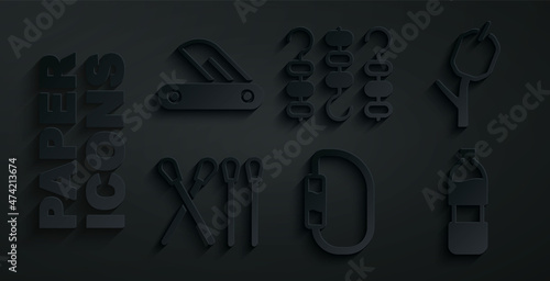 Set Carabiner, Marshmallow on stick, Match, Bottle of water, Grilled shish kebab skewer and Swiss army knife icon. Vector